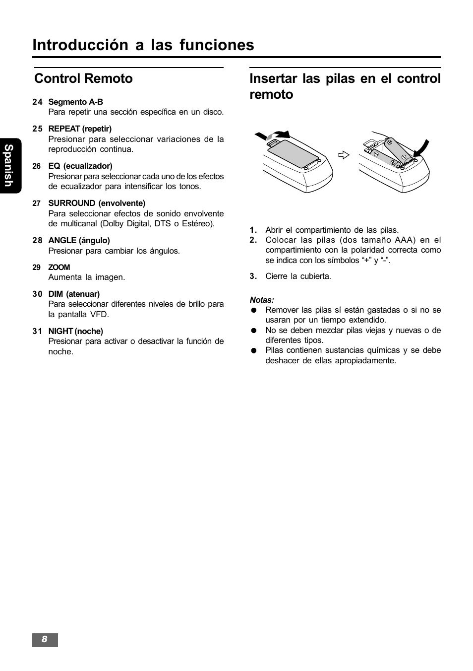 Introducción a las funciones, Control remoto, Insertar las pilas en el control remoto | Spanish | Insignia IS-HTIB102731 User Manual | Page 36 / 86