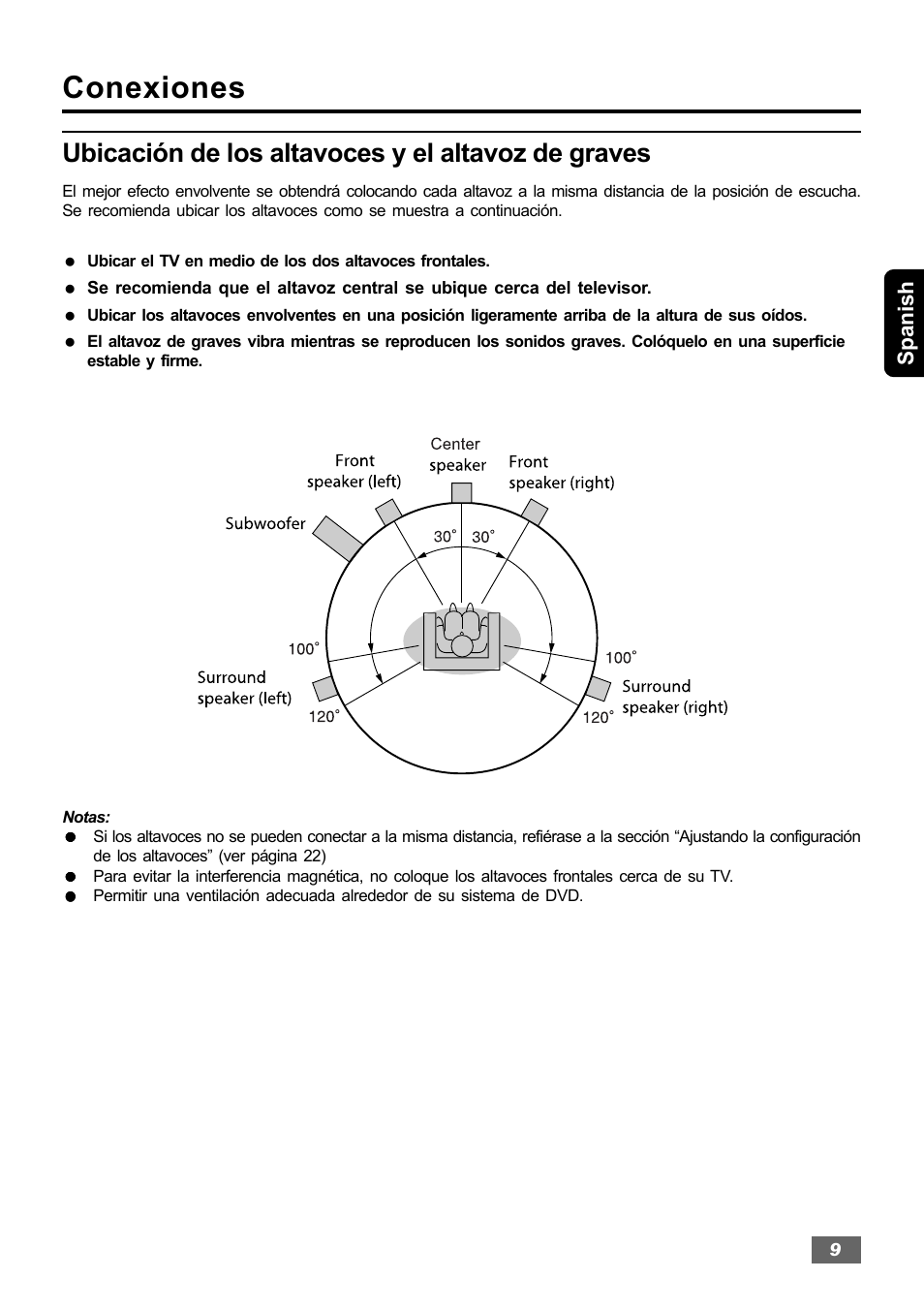 Conexiones, Ubicación de los altavoces y el altavoz de graves | Insignia IS-HTIB102731 User Manual | Page 37 / 86