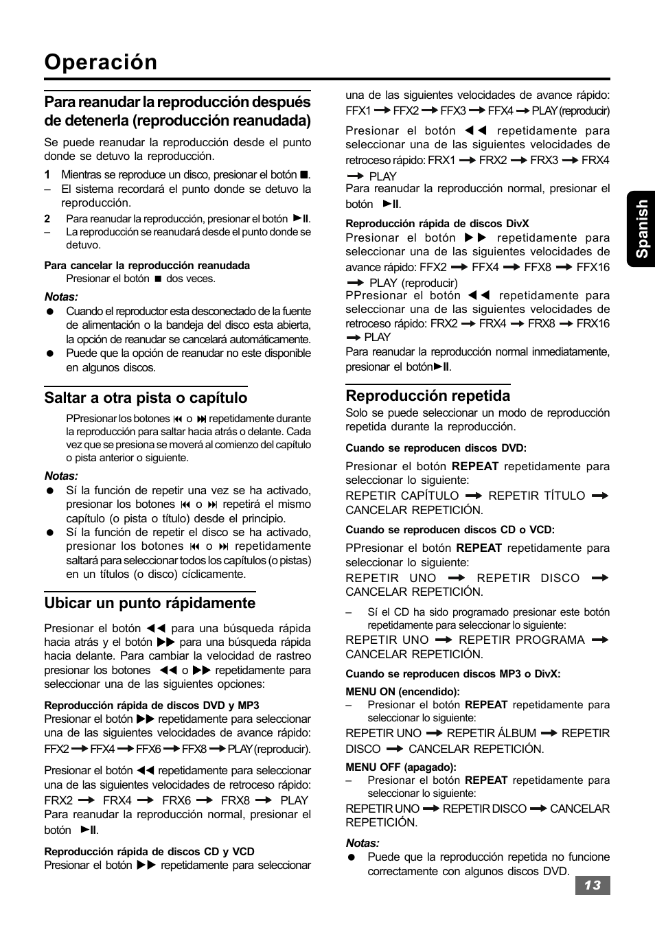 Operación, Spanish, Saltar a otra pista o capítulo | Ubicar un punto rápidamente, Reproducción repetida | Insignia IS-HTIB102731 User Manual | Page 41 / 86