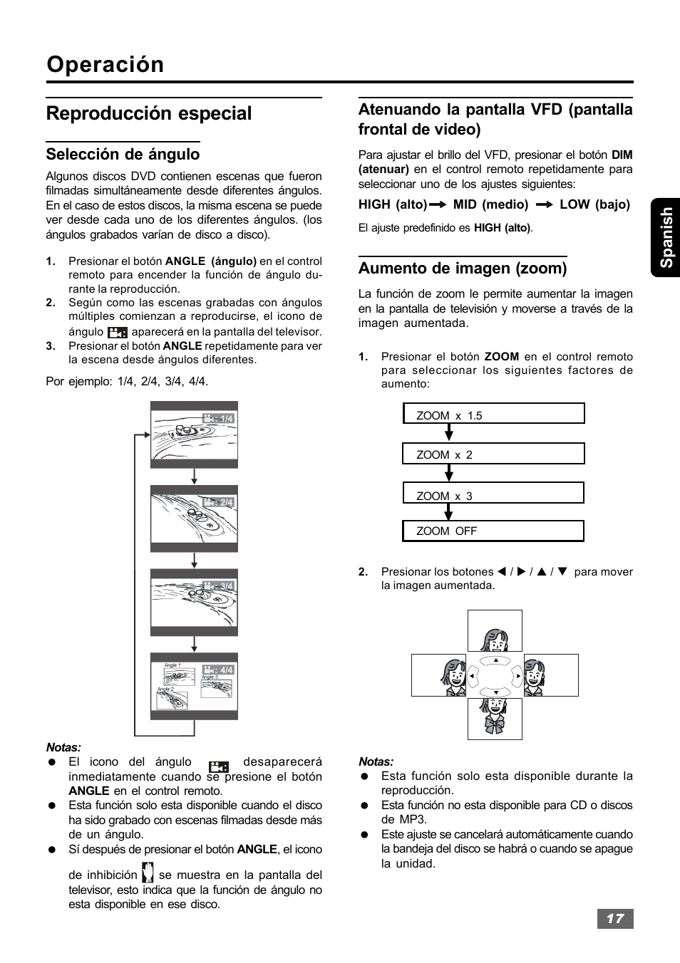 Operación, Reproducción especial, Spanish | Selección de ángulo, Aumento de imagen (zoom) | Insignia IS-HTIB102731 User Manual | Page 45 / 86