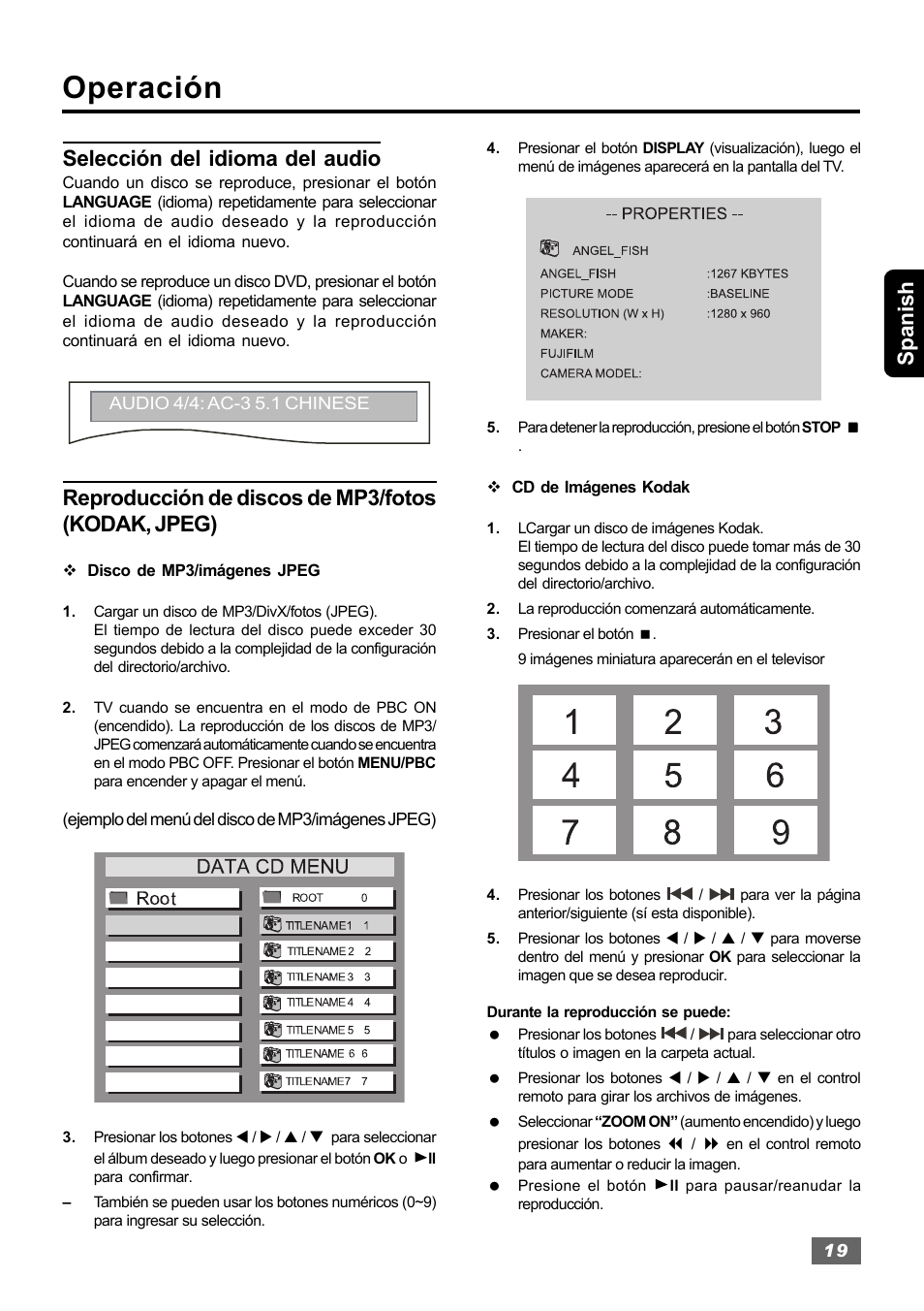 Operación, Spanish, Selección del idioma del audio | Reproducción de discos de mp3/fotos (kodak, jpeg) | Insignia IS-HTIB102731 User Manual | Page 47 / 86