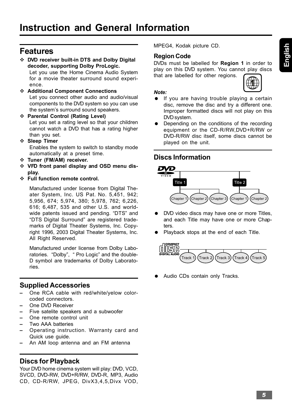 Instruction and general information, Features, English | Supplied accessories, Discs for playback, Discs information | Insignia IS-HTIB102731 User Manual | Page 5 / 86