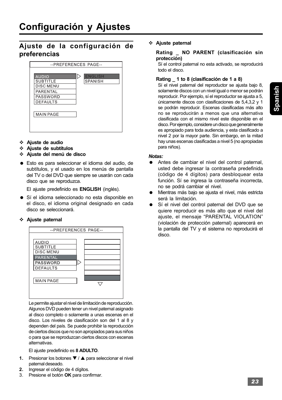Configuración y ajustes, Spanish, Ajuste de la configuración de preferencias | Insignia IS-HTIB102731 User Manual | Page 51 / 86