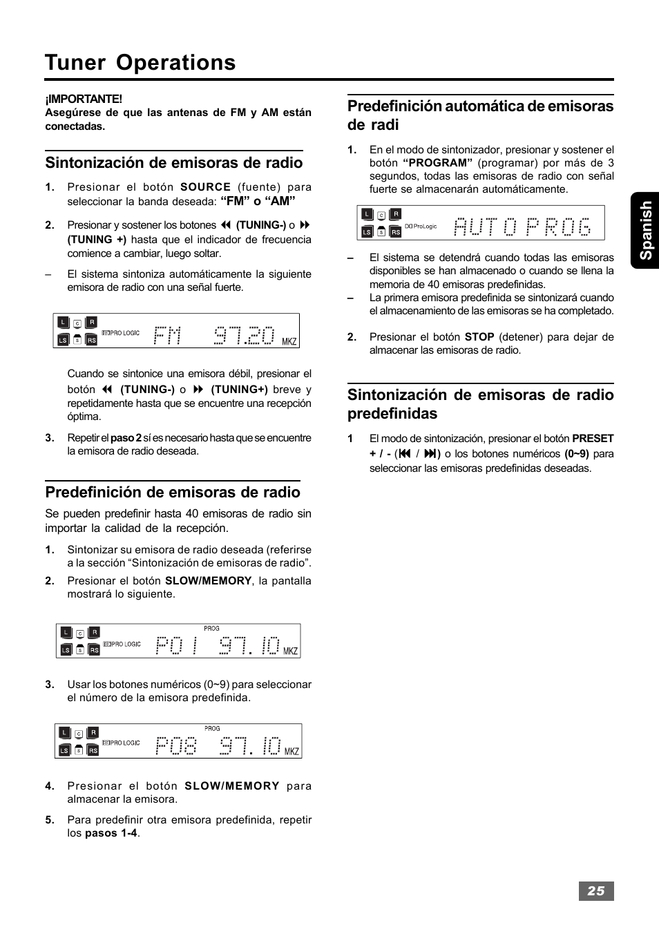 Tuner operations, Spanish, Sintonización de emisoras de radio | Predefinición de emisoras de radio, Predefinición automática de emisoras de radi, Sintonización de emisoras de radio predefinidas | Insignia IS-HTIB102731 User Manual | Page 53 / 86