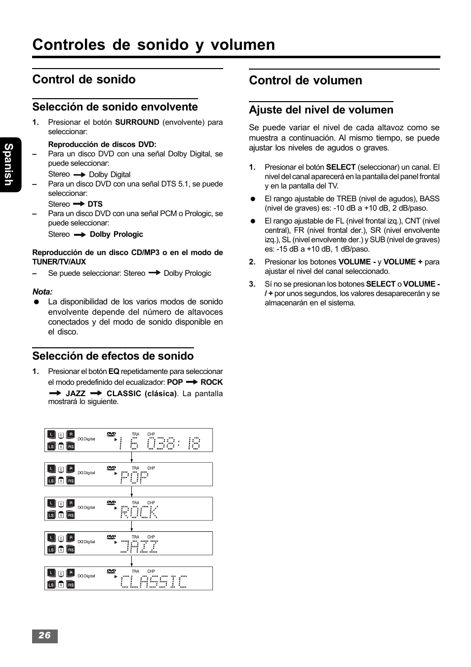 Controles de sonido y volumen, Control de sonido, Control de volumen | Spanish, Selección de sonido envolvente, Selección de efectos de sonido, Ajuste del nivel de volumen | Insignia IS-HTIB102731 User Manual | Page 54 / 86