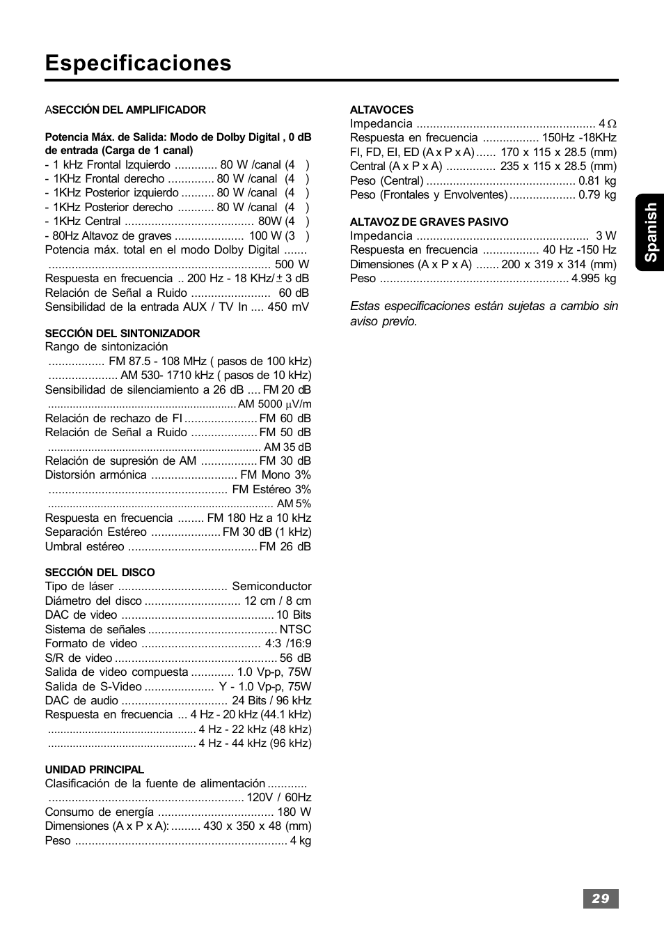Especificaciones, Spanish | Insignia IS-HTIB102731 User Manual | Page 57 / 86