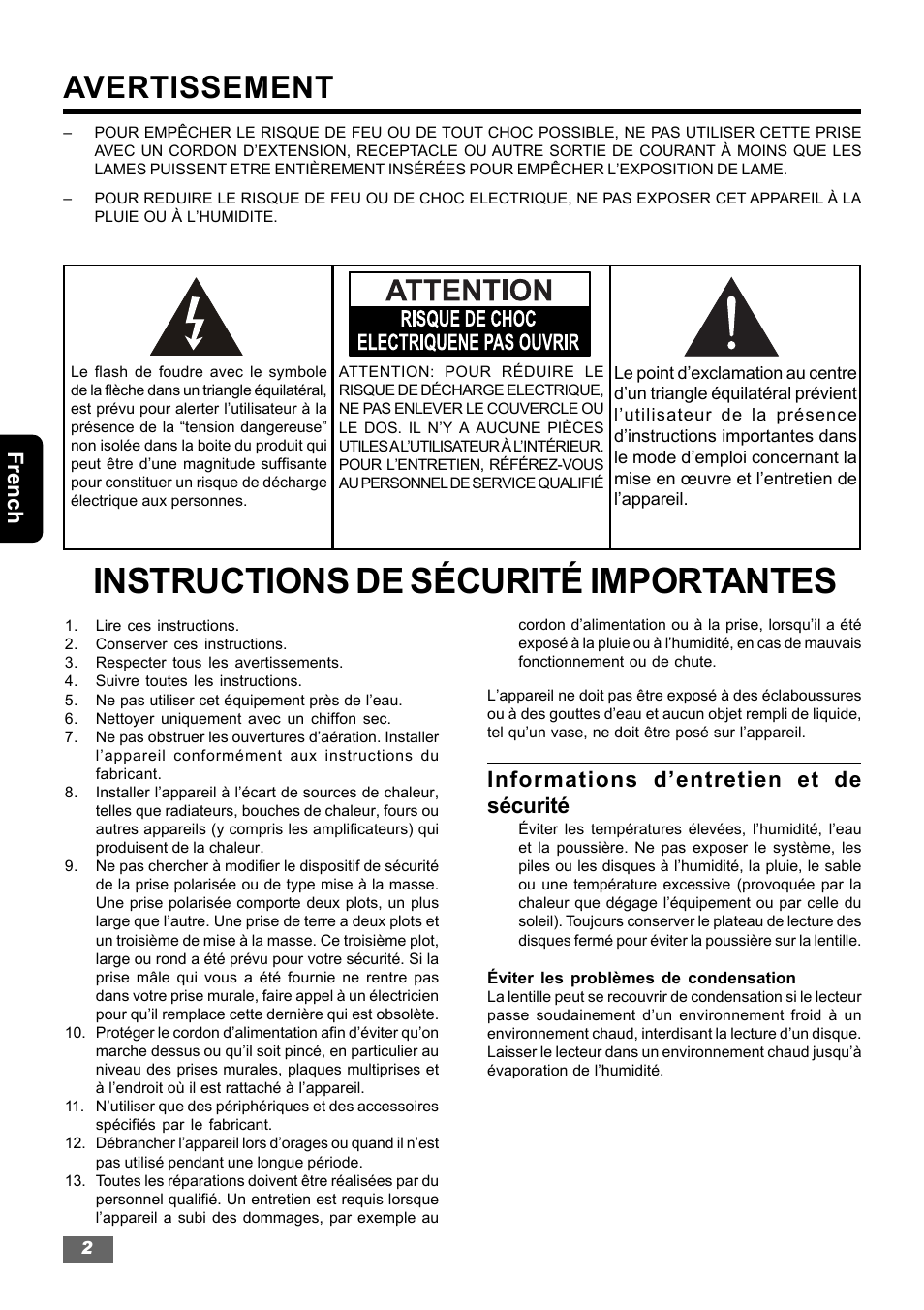 Instructions de sécurité importantes, Avertissement, French | Informations d’entretien et de sécurité | Insignia IS-HTIB102731 User Manual | Page 58 / 86