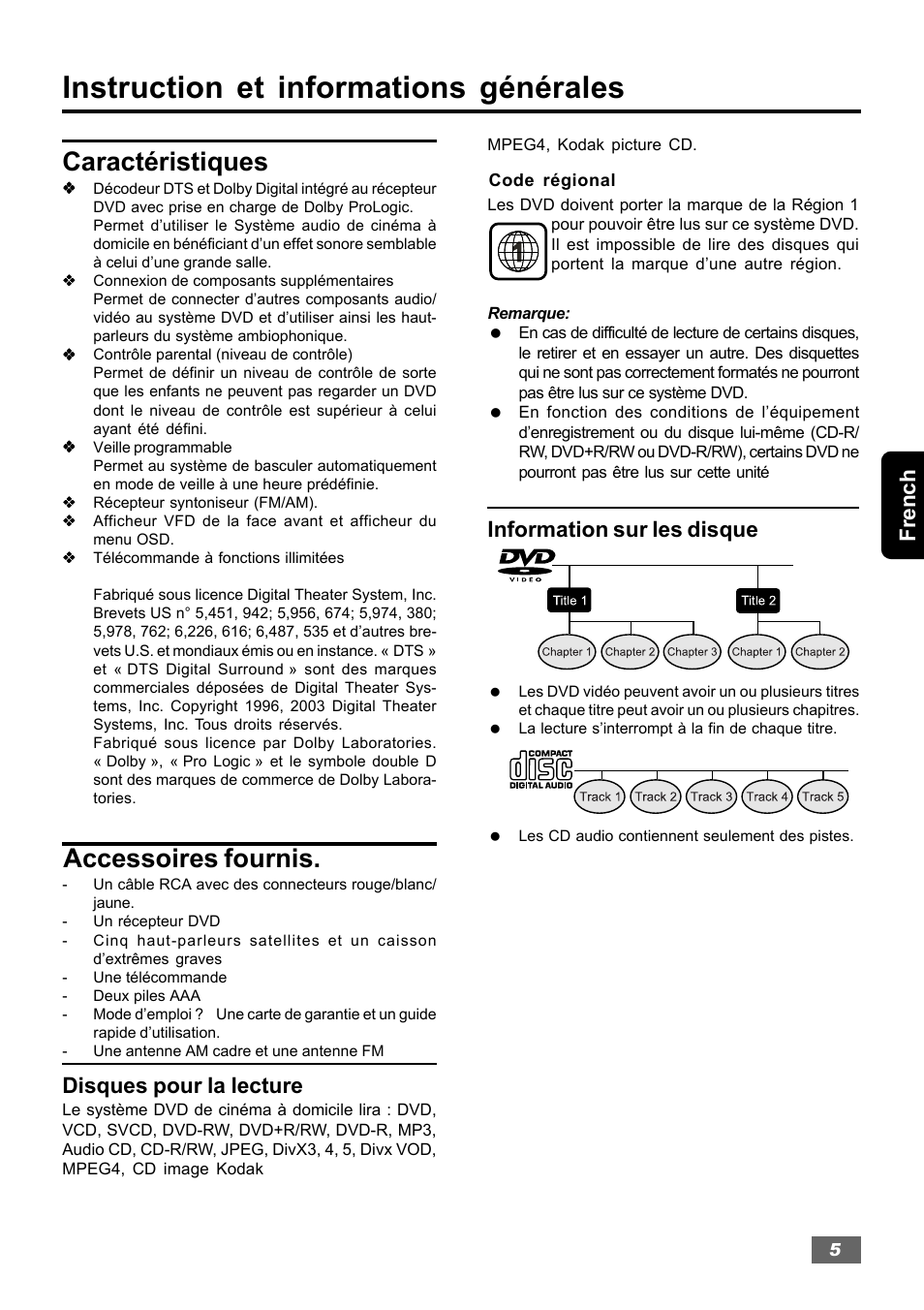 Instruction et informations générales, Caractéristiques, Accessoires fournis | French, Disques pour la lecture, Information sur les disque | Insignia IS-HTIB102731 User Manual | Page 61 / 86