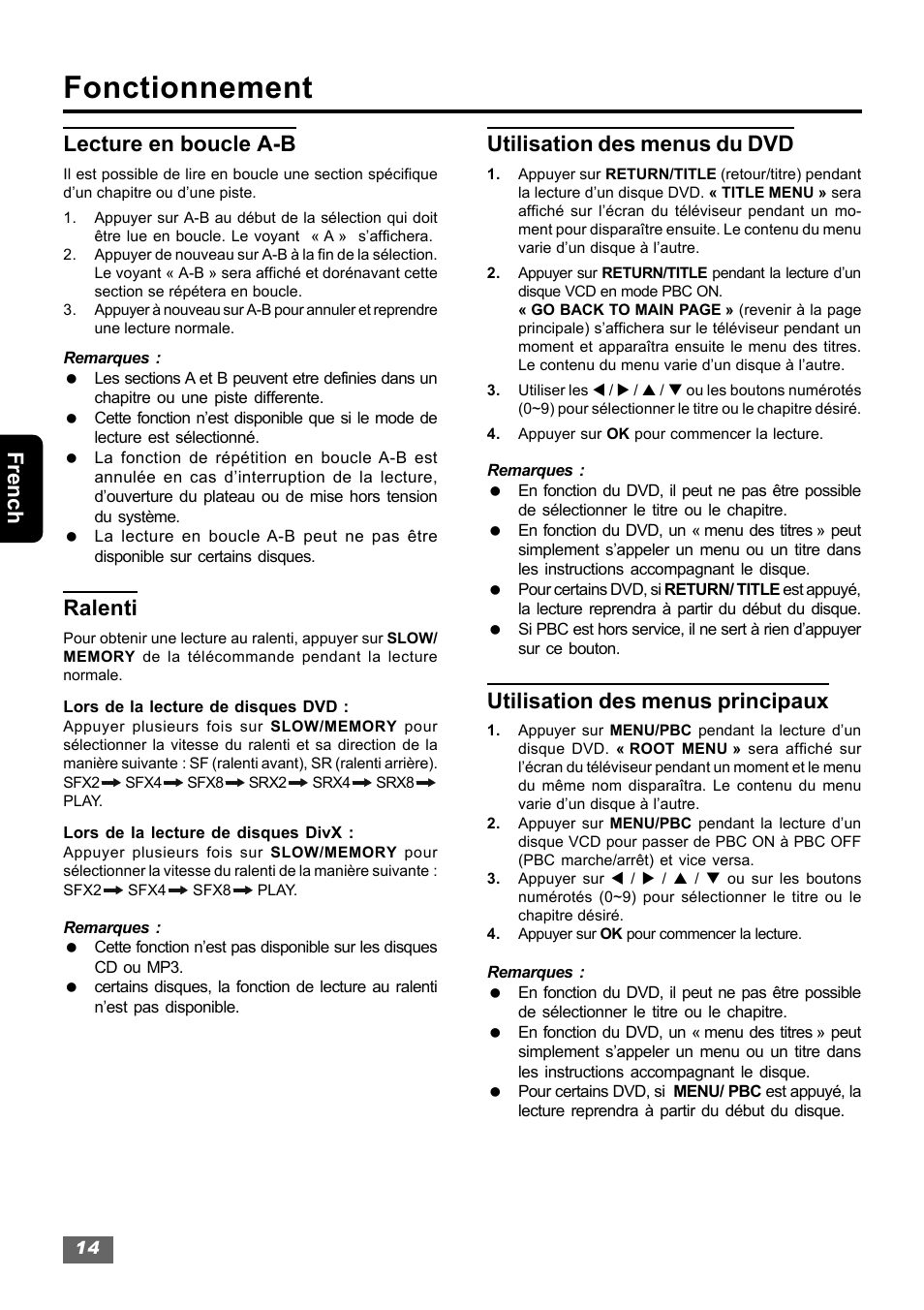 Fonctionnement, French lecture en boucle a-b, Ralenti | Utilisation des menus du dvd, Utilisation des menus principaux | Insignia IS-HTIB102731 User Manual | Page 70 / 86