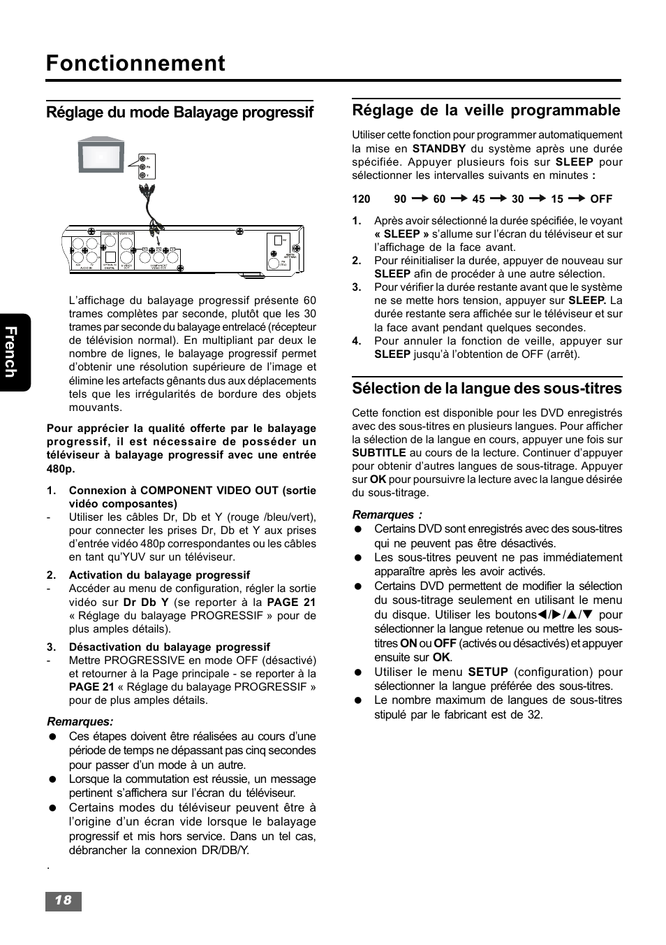 Fonctionnement, French réglage de la veille programmable, Sélection de la langue des sous-titres | Réglage du mode balayage progressif | Insignia IS-HTIB102731 User Manual | Page 74 / 86