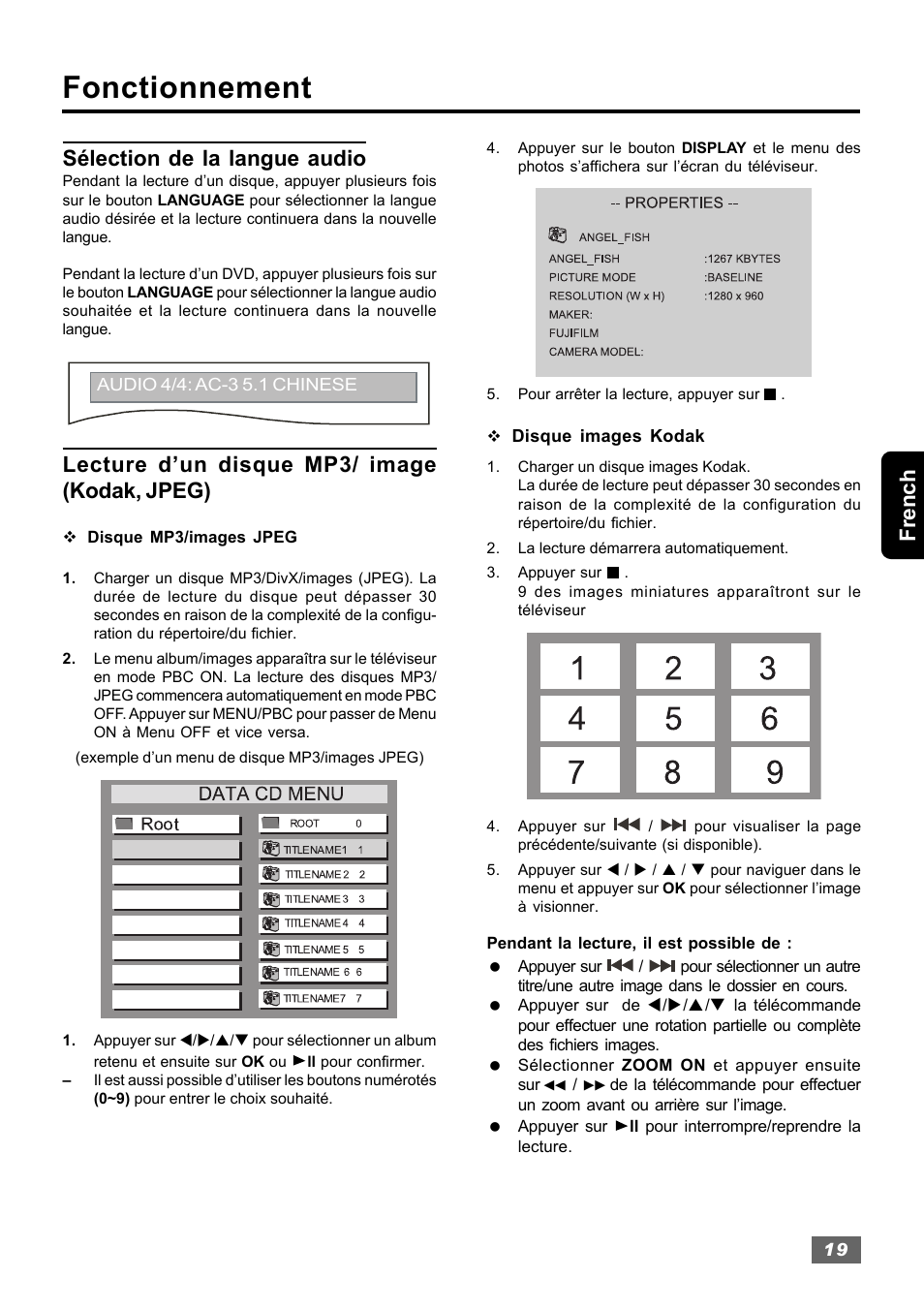 Fonctionnement, French, Sélection de la langue audio | Lecture d’un disque mp3/ image (kodak, jpeg) | Insignia IS-HTIB102731 User Manual | Page 75 / 86