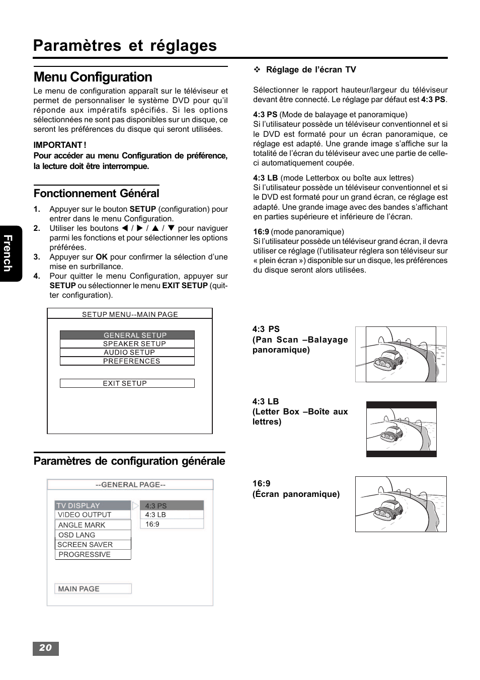 Paramètres et réglages, Menu configuration, French | Fonctionnement général, Paramètres de configuration générale | Insignia IS-HTIB102731 User Manual | Page 76 / 86