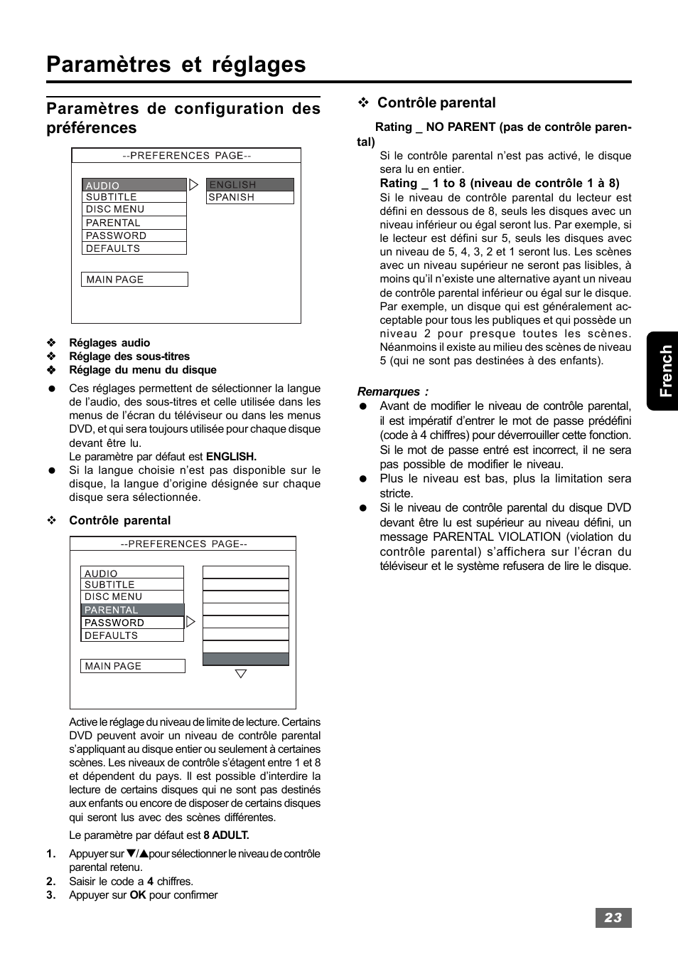Paramètres et réglages, French, Paramètres de configuration des préférences | Insignia IS-HTIB102731 User Manual | Page 79 / 86