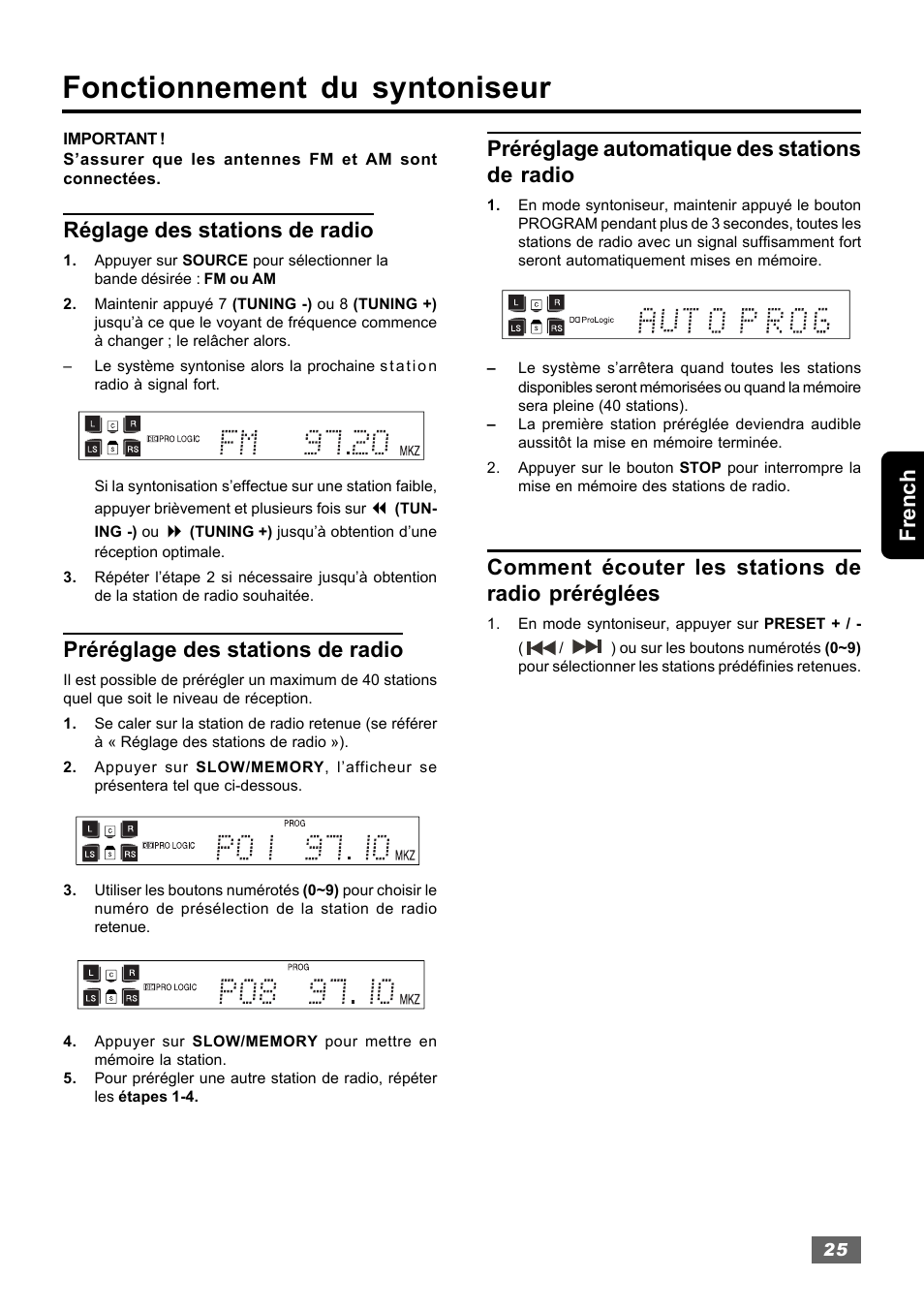 Fonctionnement du syntoniseur, French, Réglage des stations de radio | Préréglage des stations de radio, Préréglage automatique des stations de radio, Comment écouter les stations de radio préréglées | Insignia IS-HTIB102731 User Manual | Page 81 / 86