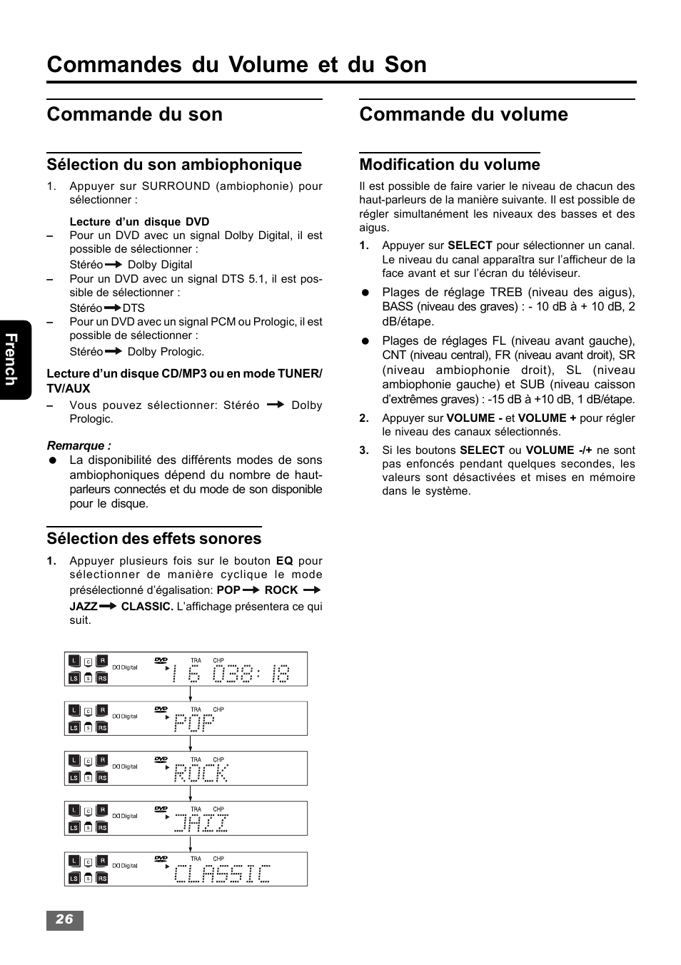 Commandes du volume et du son, Commande du son, Commande du volume | French, Sélection du son ambiophonique, Sélection des effets sonores, Modification du volume | Insignia IS-HTIB102731 User Manual | Page 82 / 86