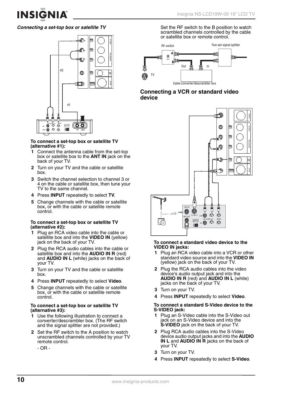 Connecting a set-top box or satellite tv, Connecting a vcr or standard video device | Insignia NS-LCD19W-09 User Manual | Page 10 / 48