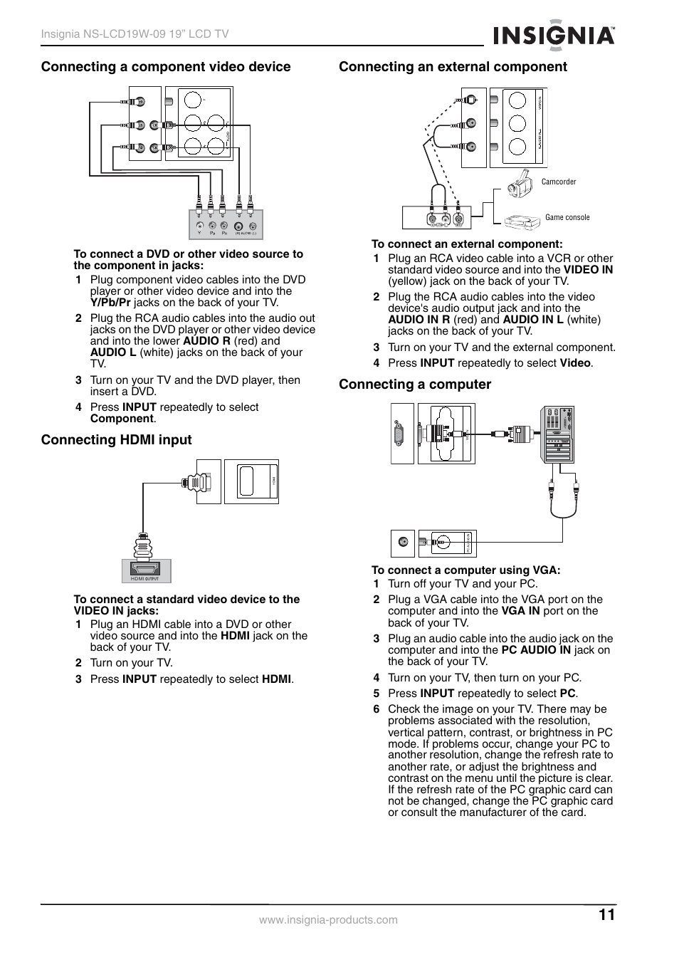 Connecting a component video device, Connecting hdmi input, Connecting an external component | Connecting a computer | Insignia NS-LCD19W-09 User Manual | Page 11 / 48