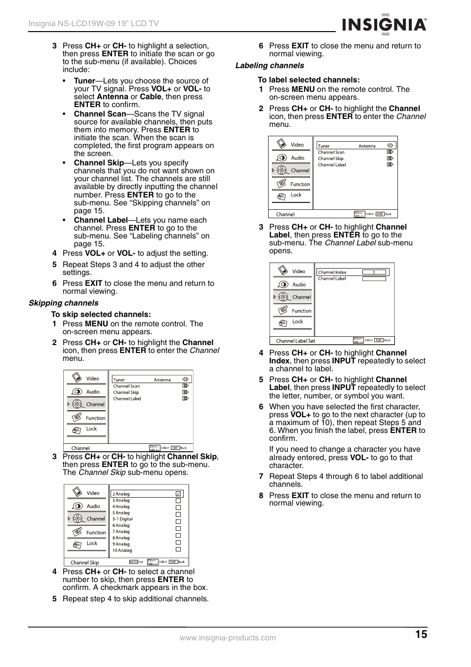 Skipping channels, Labeling channels | Insignia NS-LCD19W-09 User Manual | Page 15 / 48