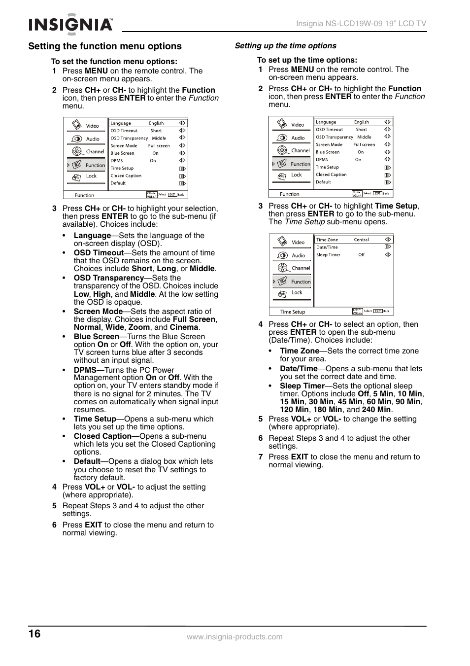 Setting the function menu options, Setting up the time options | Insignia NS-LCD19W-09 User Manual | Page 16 / 48