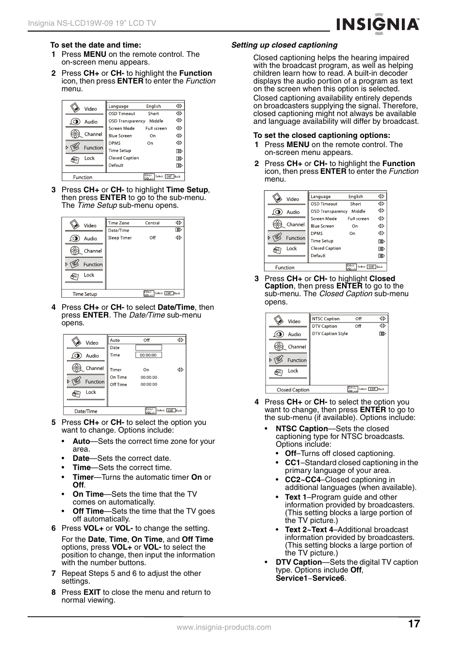 Setting up closed captioning | Insignia NS-LCD19W-09 User Manual | Page 17 / 48
