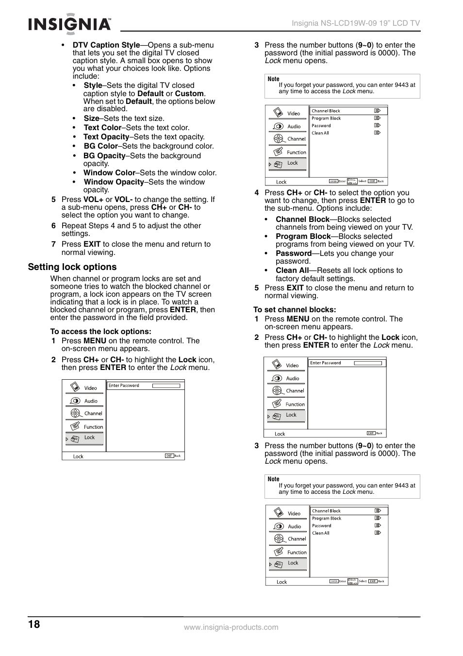 Setting lock options | Insignia NS-LCD19W-09 User Manual | Page 18 / 48