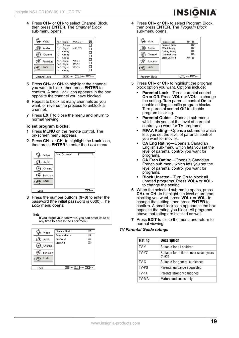 Tv parental guide ratings | Insignia NS-LCD19W-09 User Manual | Page 19 / 48