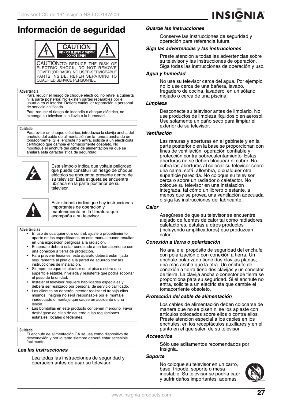 Información de seguridad, Lea las instrucciones, Guarde las instrucciones | Siga las advertencias y las instrucciones, Agua y humedad, Limpieza, Ventilación, Calor, Conexión a tierra o polarización, Protección del cable de alimentación | Insignia NS-LCD19W-09 User Manual | Page 27 / 48
