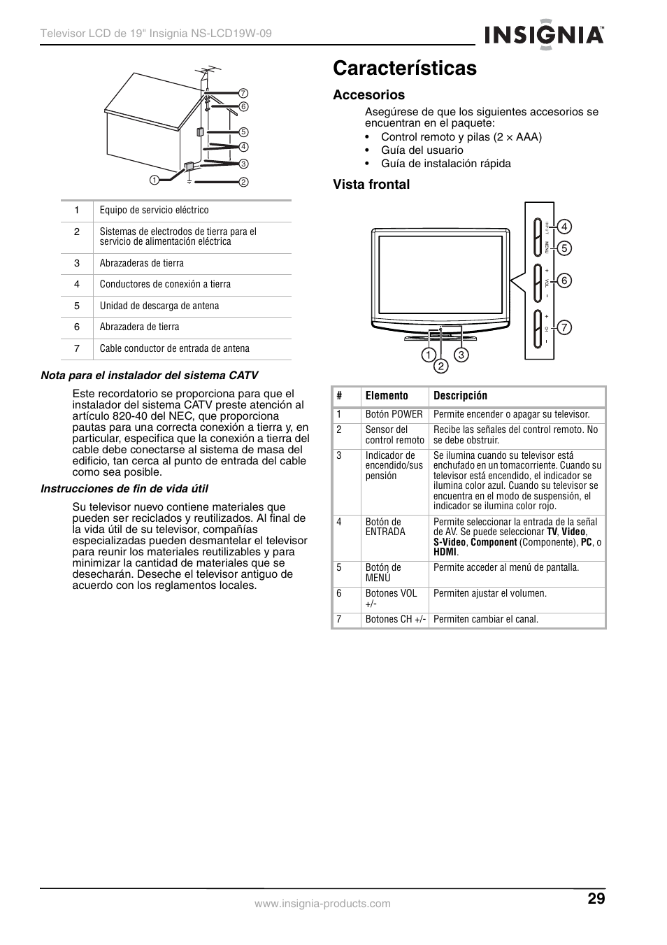 Nota para el instalador del sistema catv, Instrucciones de fin de vida útil, Características | Accesorios, Vista frontal, Accesorios vista frontal | Insignia NS-LCD19W-09 User Manual | Page 29 / 48