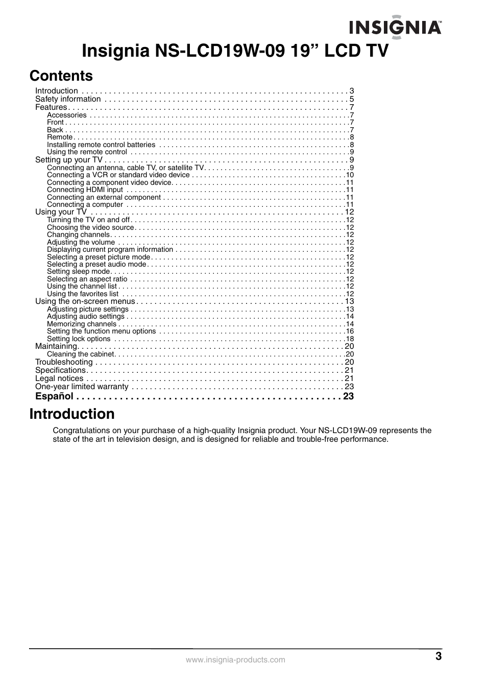 Insignia NS-LCD19W-09 User Manual | Page 3 / 48