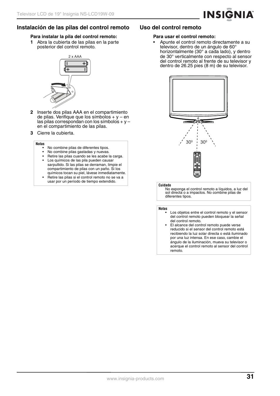 Instalación de las pilas del control remoto, Uso del control remoto | Insignia NS-LCD19W-09 User Manual | Page 31 / 48