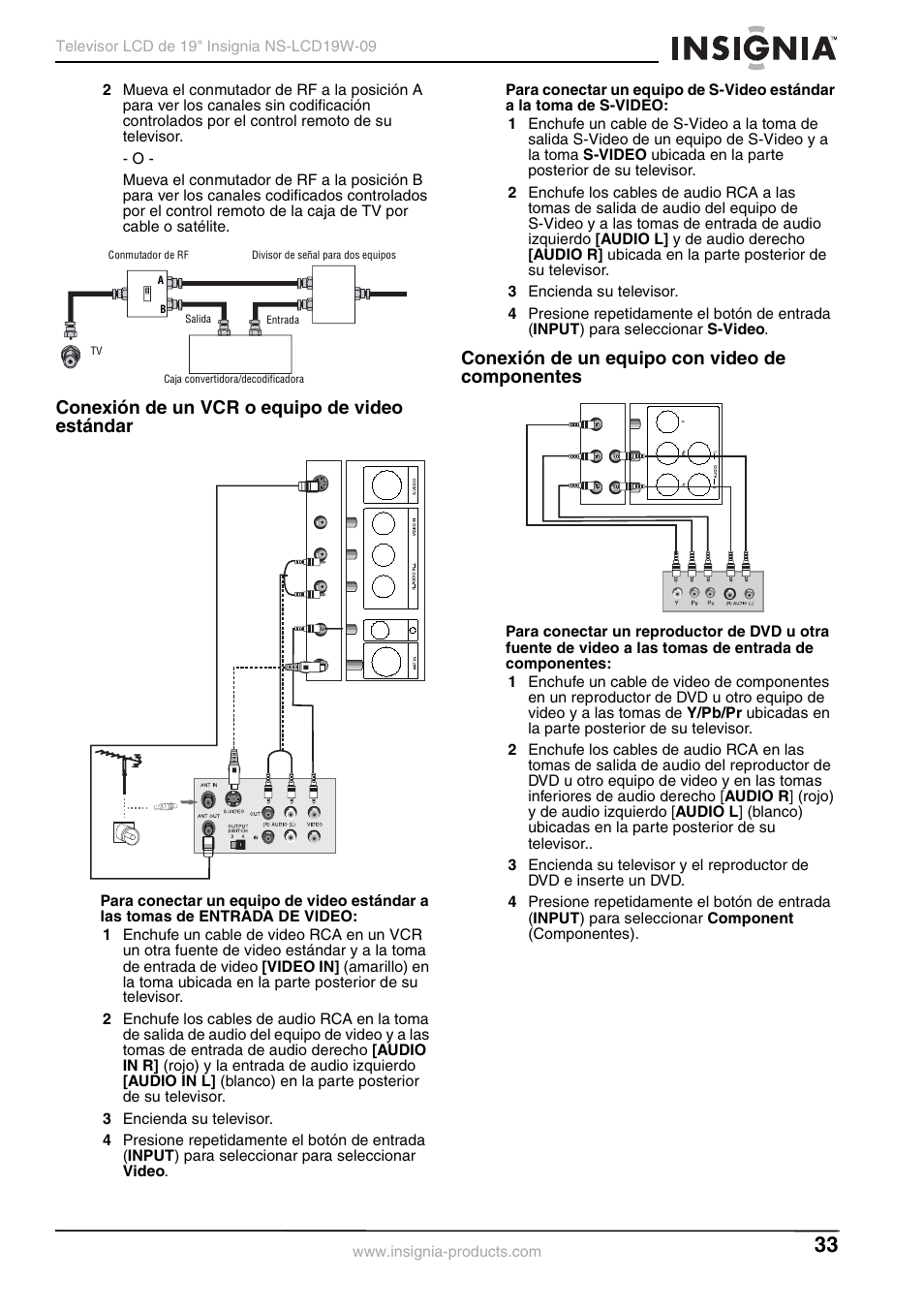 Conexión de un vcr o equipo de video estándar, Conexión de un equipo con video de componentes | Insignia NS-LCD19W-09 User Manual | Page 33 / 48