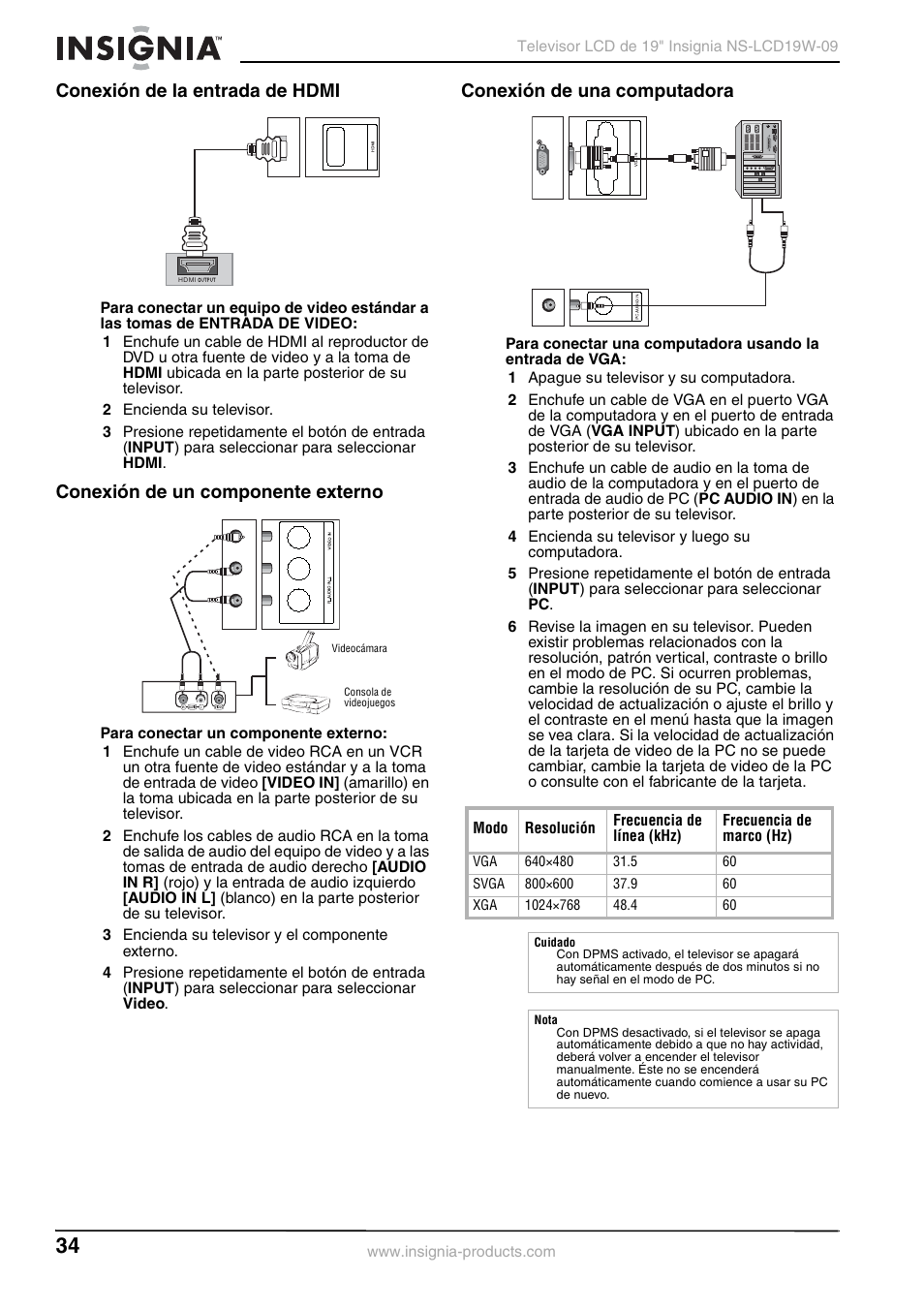 Conexión de la entrada de hdmi, Conexión de un componente externo, Conexión de una computadora | Insignia NS-LCD19W-09 User Manual | Page 34 / 48