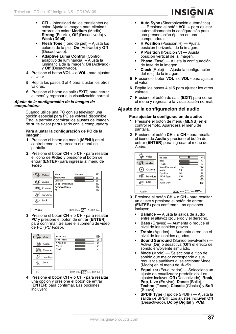 Ajuste de la configuración del audio | Insignia NS-LCD19W-09 User Manual | Page 37 / 48