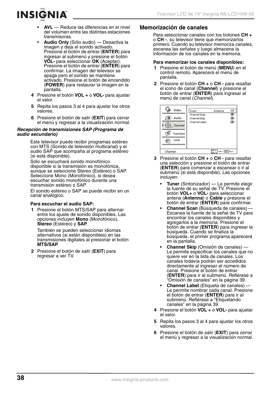 Memorización de canales | Insignia NS-LCD19W-09 User Manual | Page 38 / 48