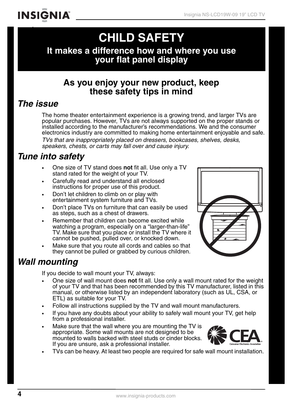 Child safety, The issue, Tune into safety | Wall mounting | Insignia NS-LCD19W-09 User Manual | Page 4 / 48