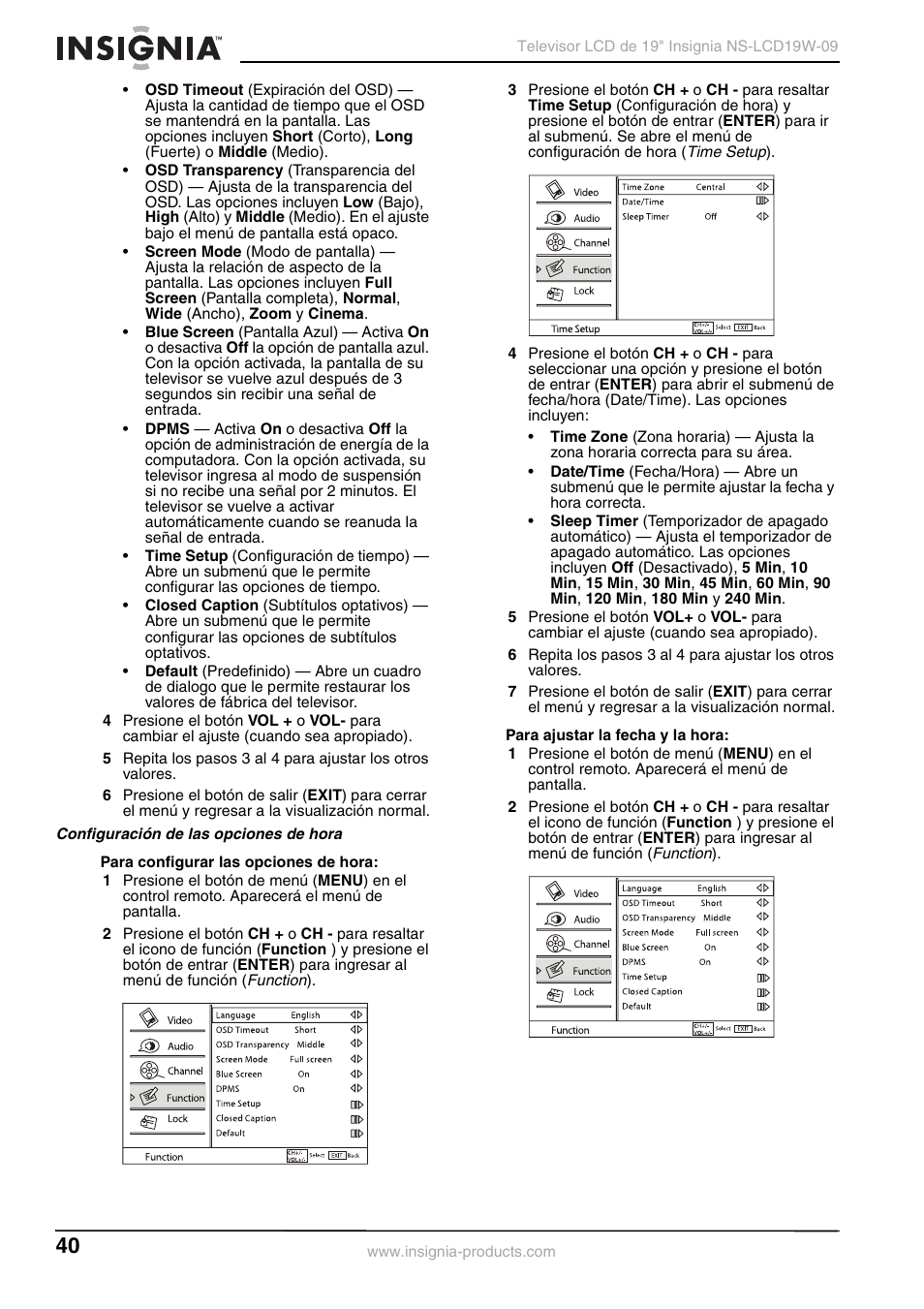 Configuración de las opciones de hora | Insignia NS-LCD19W-09 User Manual | Page 40 / 48