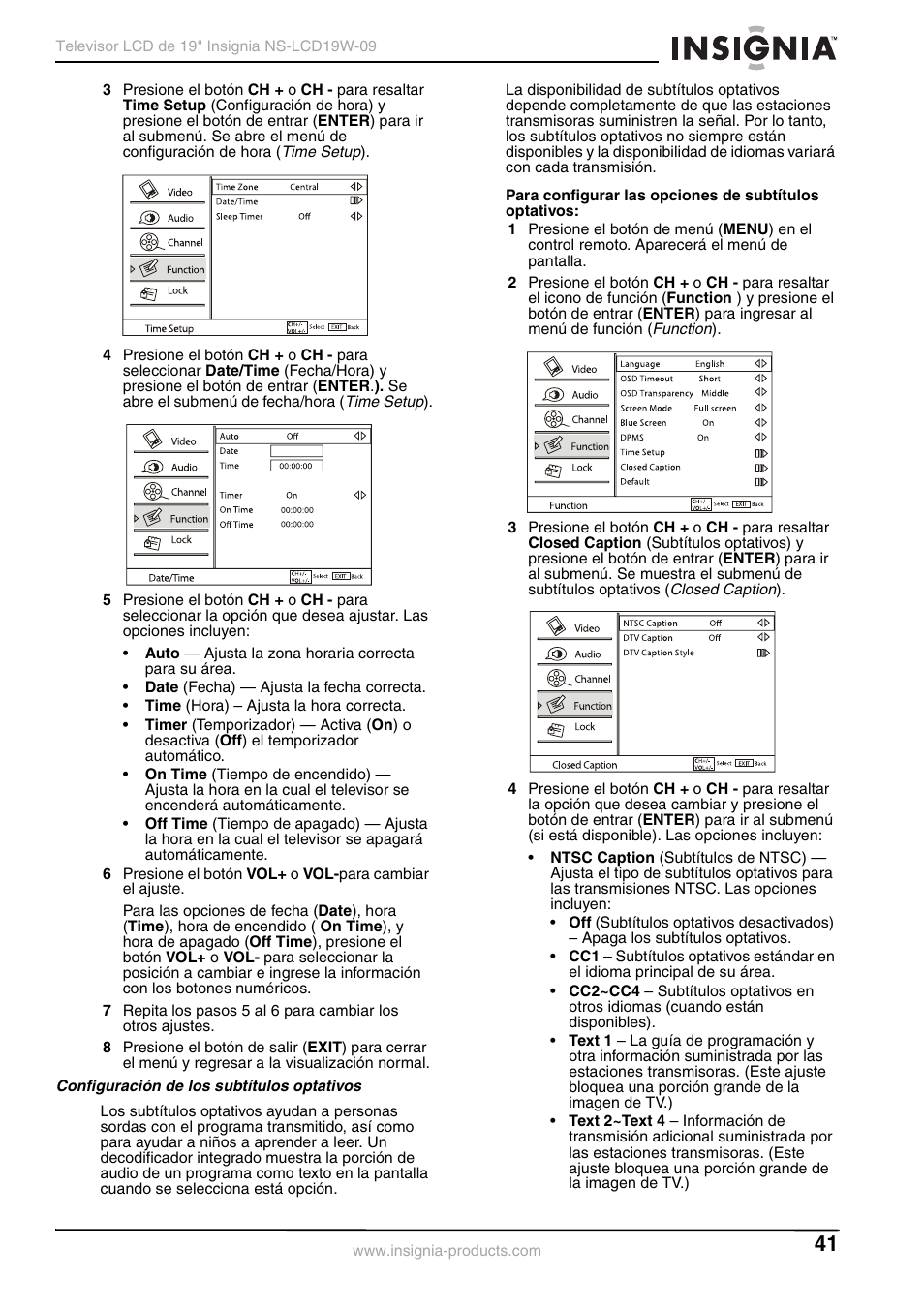 Configuración de los subtítulos optativos | Insignia NS-LCD19W-09 User Manual | Page 41 / 48