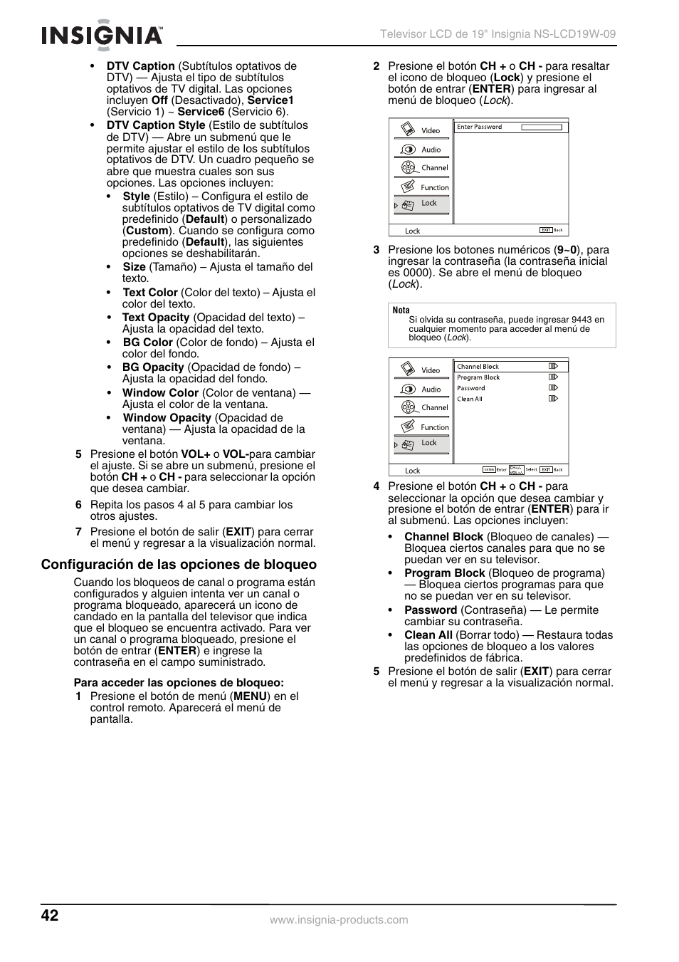 Configuración de las opciones de bloqueo | Insignia NS-LCD19W-09 User Manual | Page 42 / 48