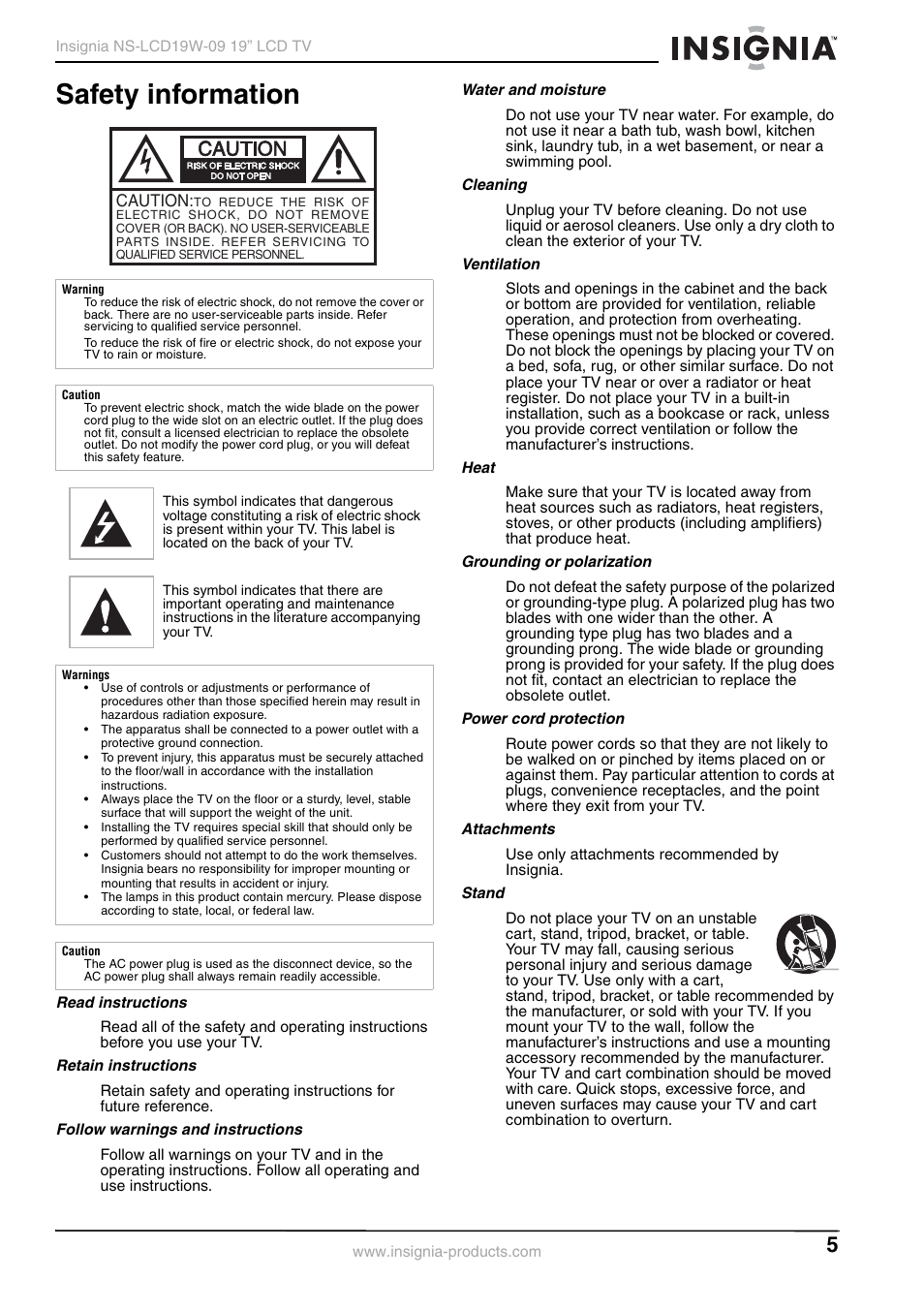 Safety information, Read instructions, Retain instructions | Follow warnings and instructions, Water and moisture, Cleaning, Ventilation, Heat, Grounding or polarization, Power cord protection | Insignia NS-LCD19W-09 User Manual | Page 5 / 48