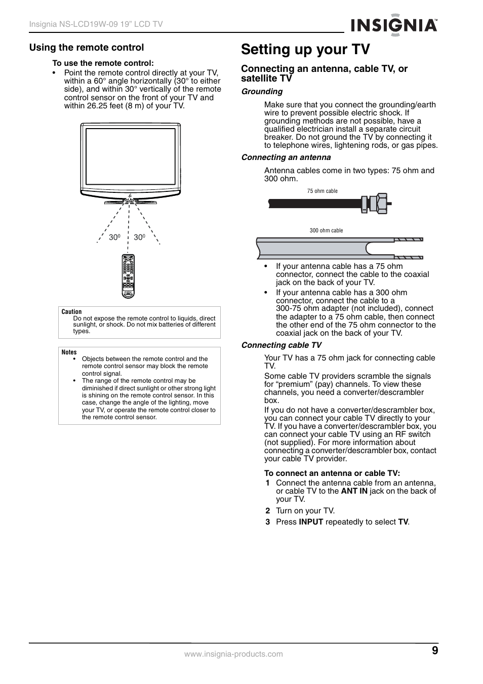 Using the remote control, Setting up your tv, Connecting an antenna, cable tv, or satellite tv | Grounding, Connecting an antenna, Connecting cable tv | Insignia NS-LCD19W-09 User Manual | Page 9 / 48