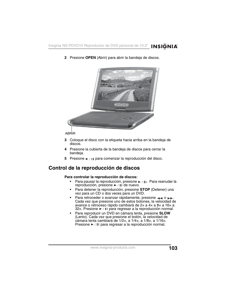 Control de la reproducción de discos | Insignia NS-PDVD10 User Manual | Page 105 / 130