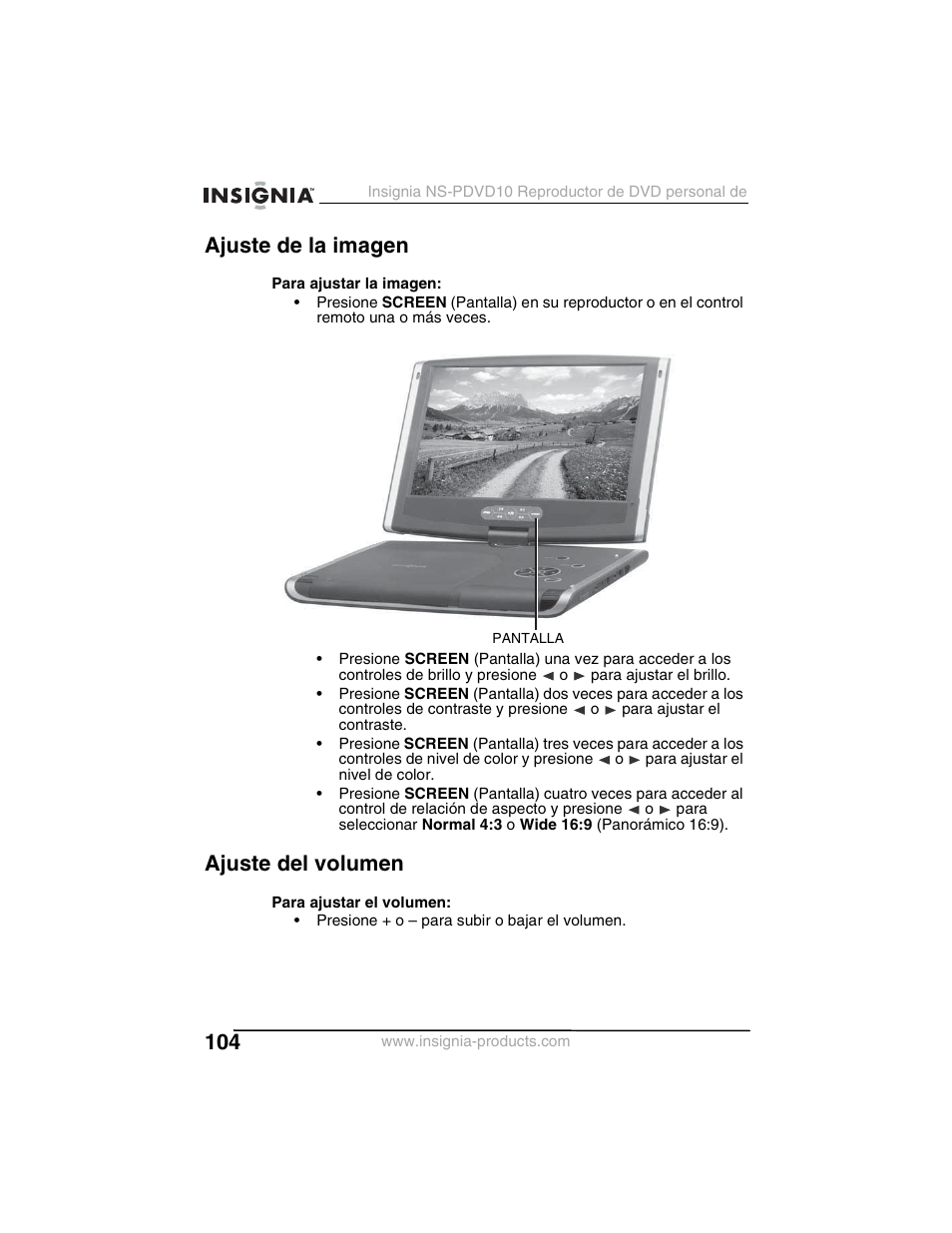 Ajuste de la imagen, Ajuste del volumen | Insignia NS-PDVD10 User Manual | Page 106 / 130