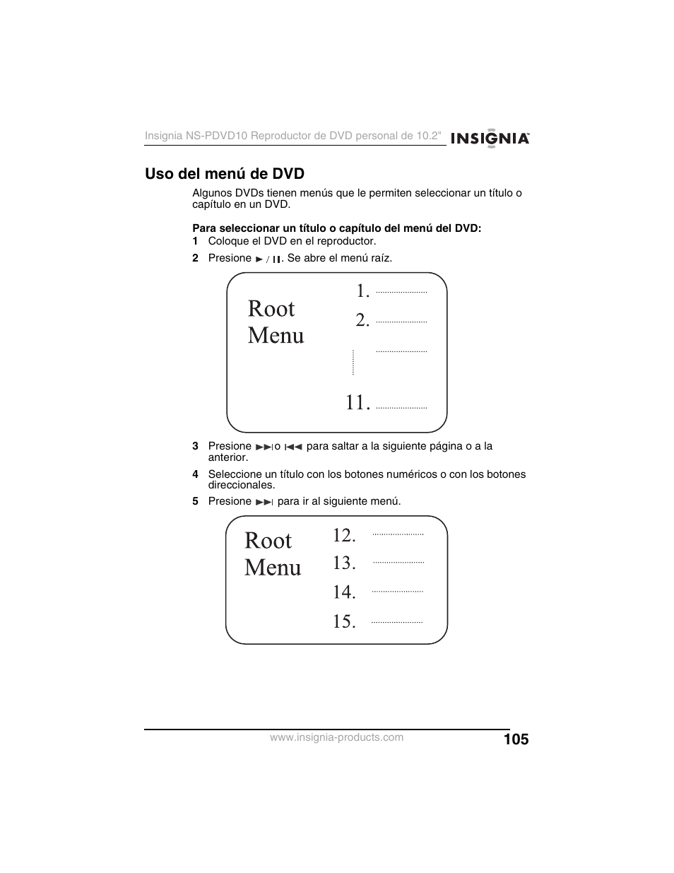 Uso del menú de dvd | Insignia NS-PDVD10 User Manual | Page 107 / 130