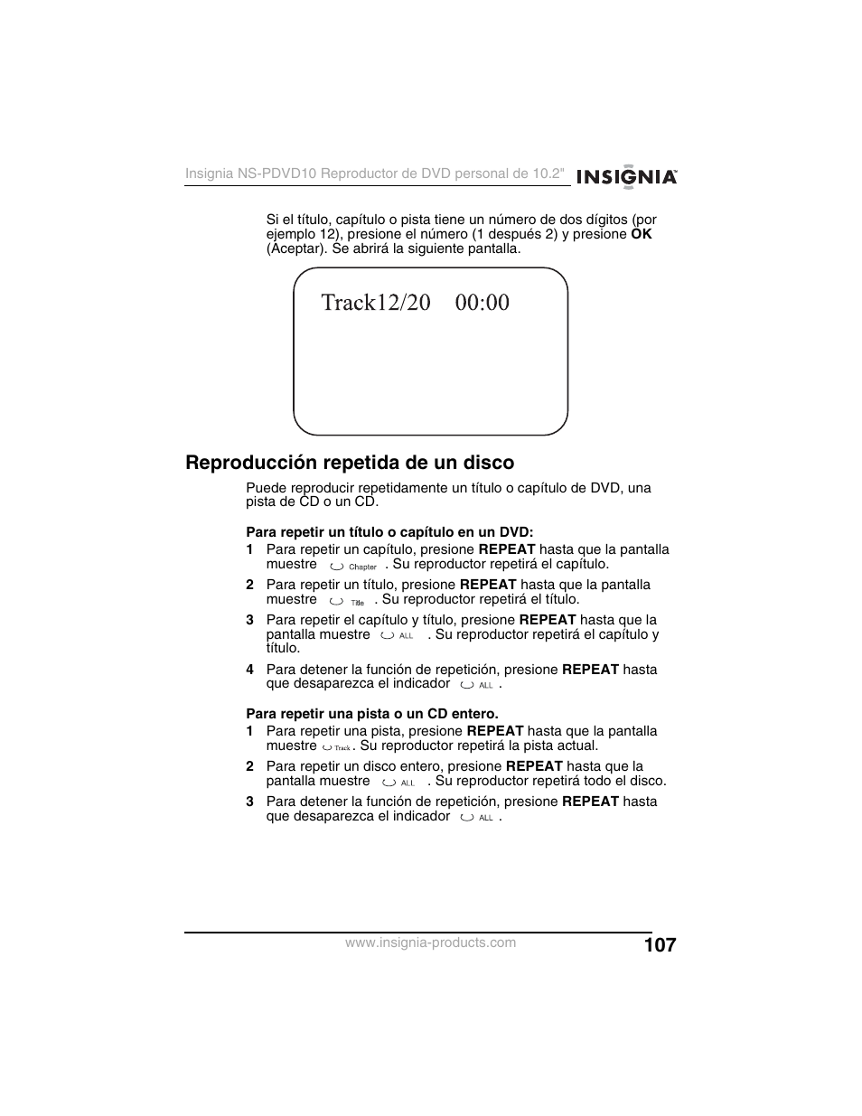 Reproducción repetida de un disco | Insignia NS-PDVD10 User Manual | Page 109 / 130