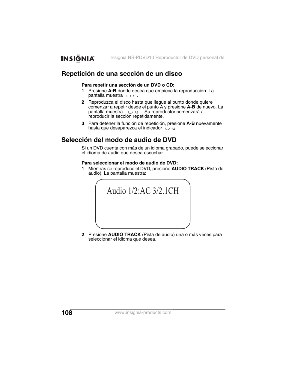 Repetición de una sección de un disco, Selección del modo de audio de dvd | Insignia NS-PDVD10 User Manual | Page 110 / 130