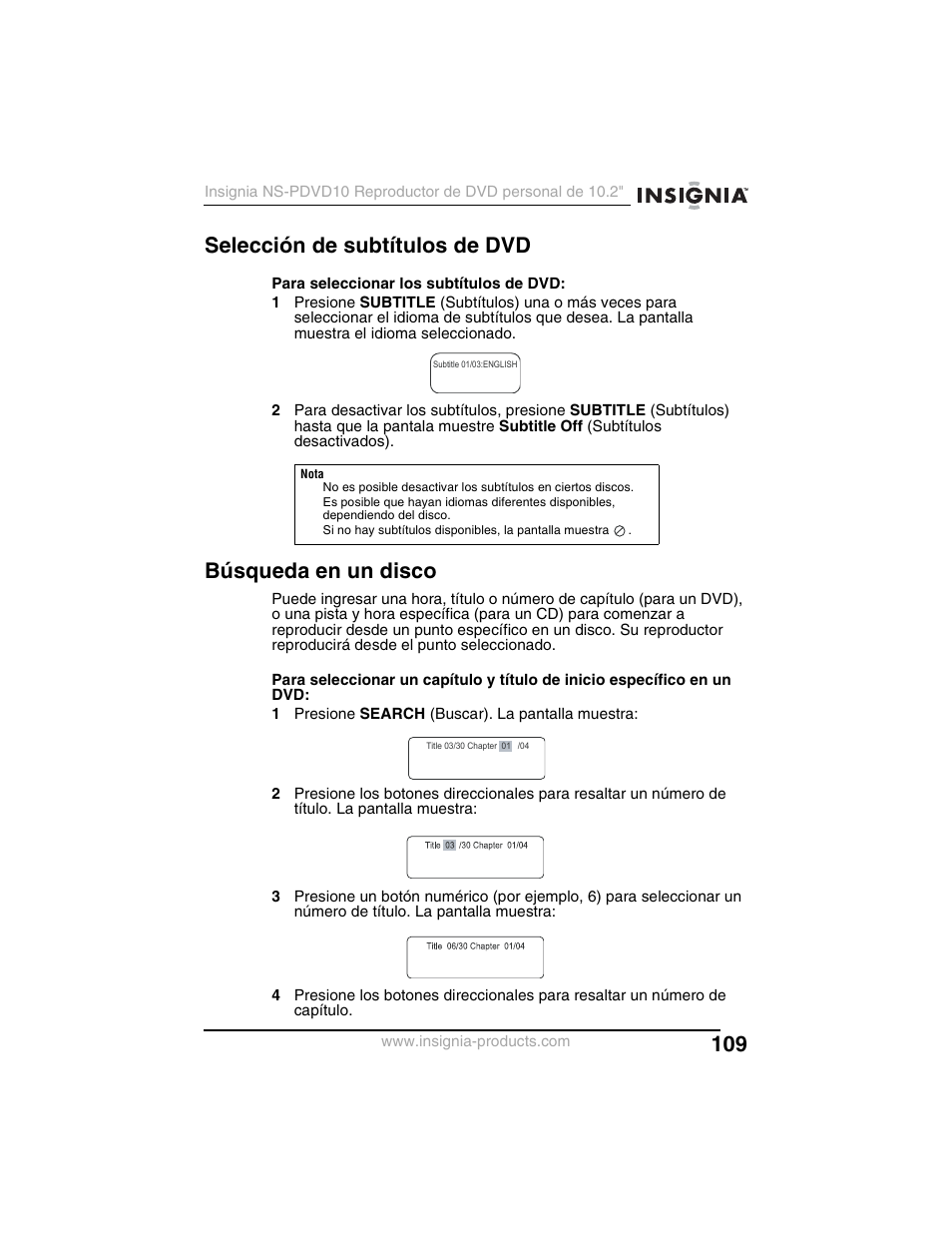 Selección de subtítulos de dvd, Búsqueda en un disco | Insignia NS-PDVD10 User Manual | Page 111 / 130