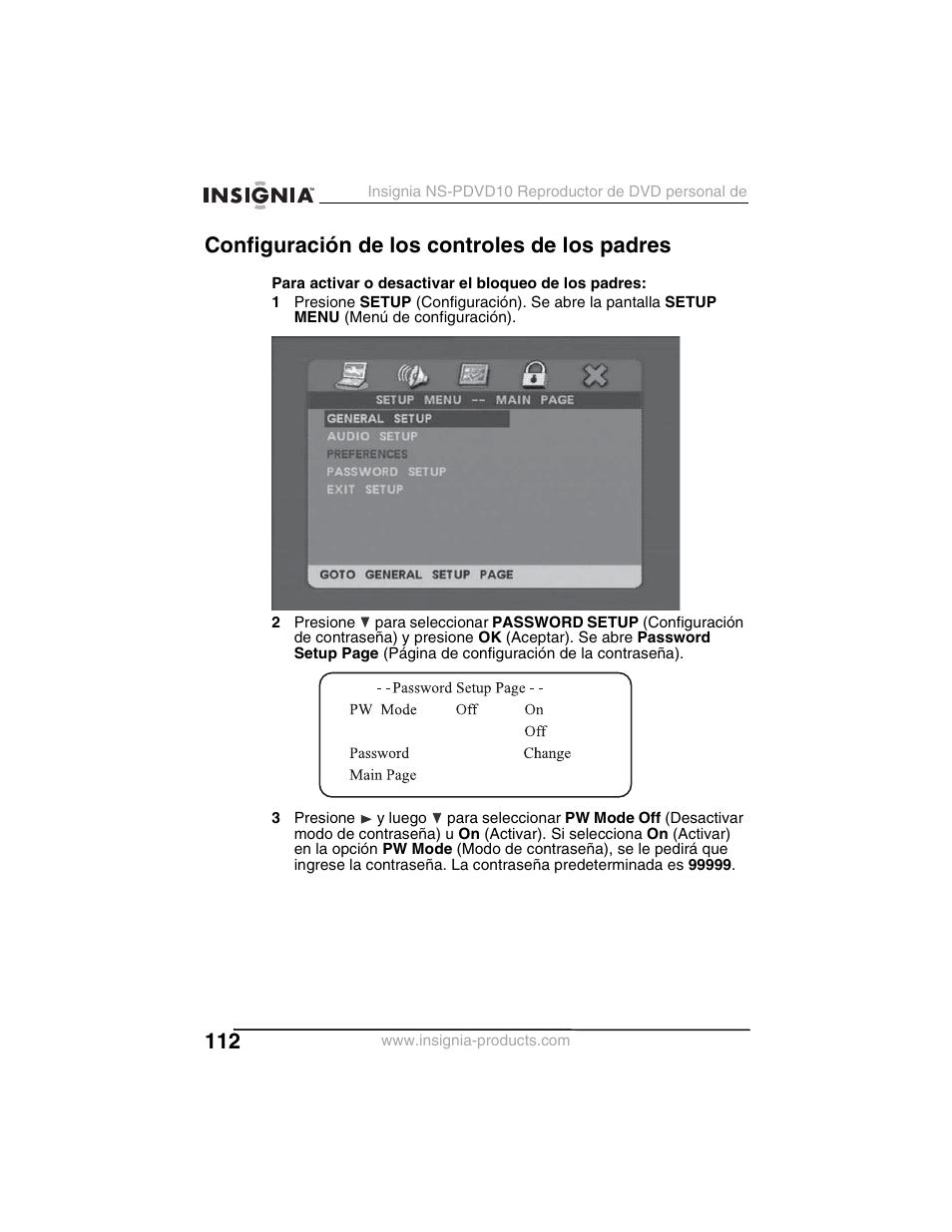 Configuración de los controles de los padres | Insignia NS-PDVD10 User Manual | Page 114 / 130