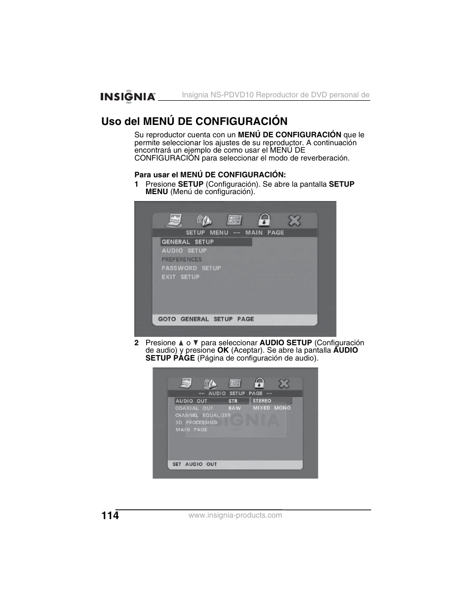 Uso del menú de configuración | Insignia NS-PDVD10 User Manual | Page 116 / 130