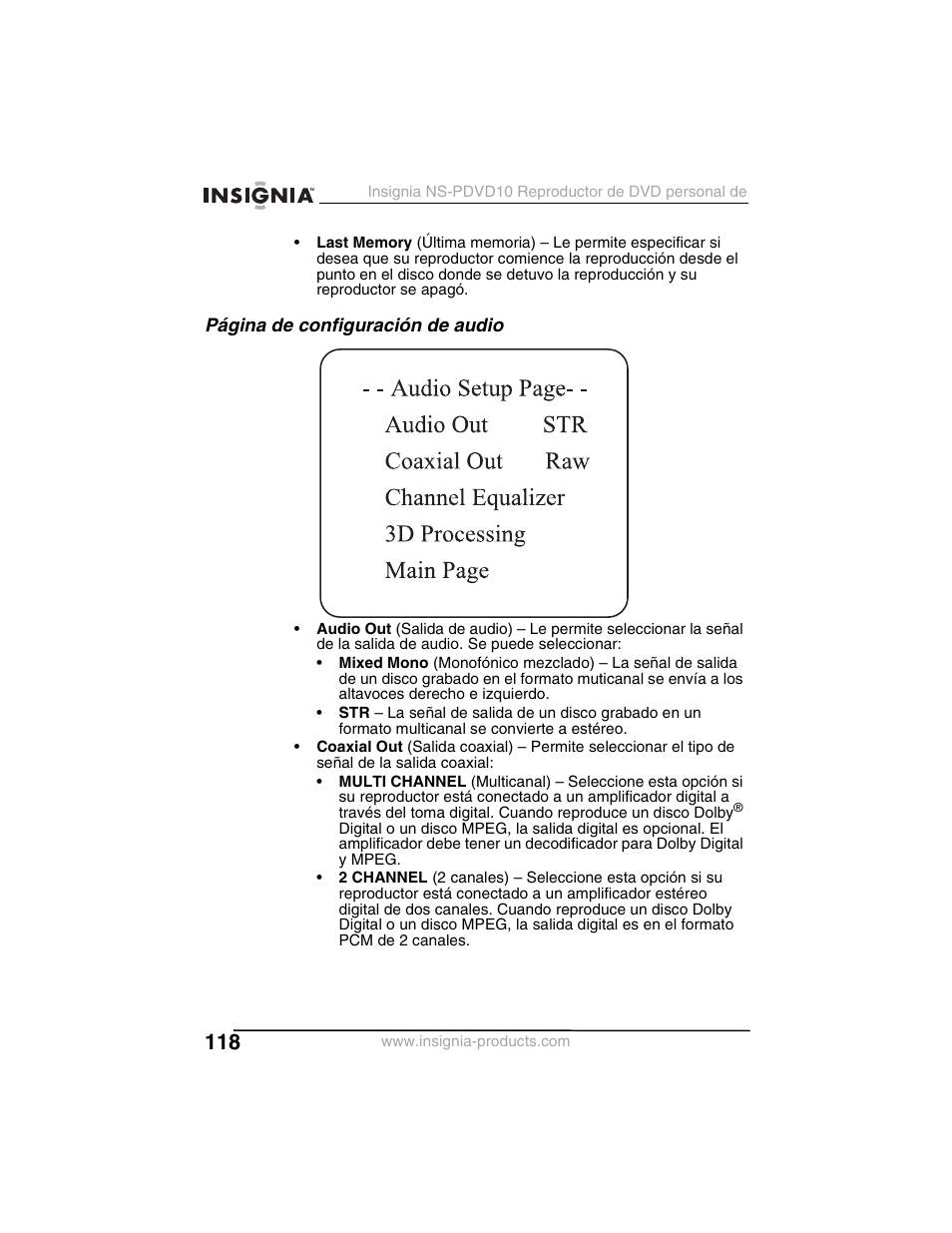 Página de configuración de audio | Insignia NS-PDVD10 User Manual | Page 120 / 130