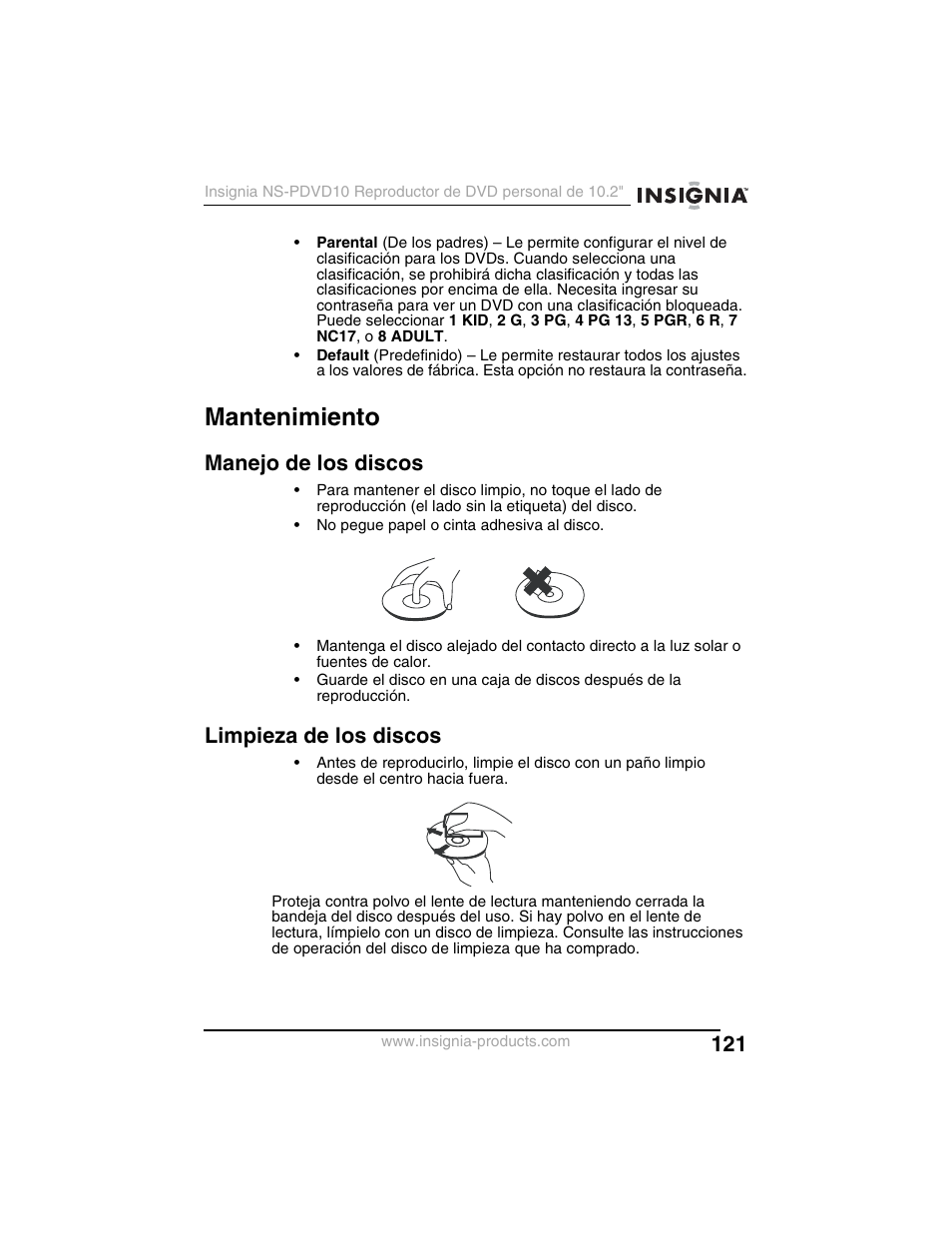Mantenimiento, Manejo de los discos, Limpieza de los discos | Insignia NS-PDVD10 User Manual | Page 123 / 130